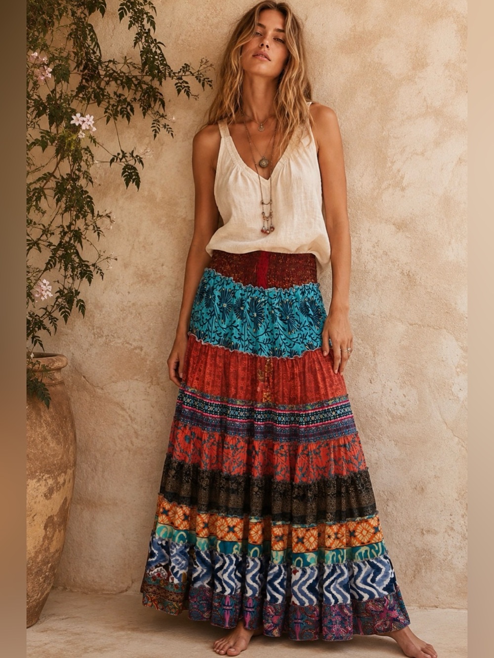 Recycled Silk Blend Floral Patchwork Tiered Ruffle Skirt Free Size Gypsy Boho